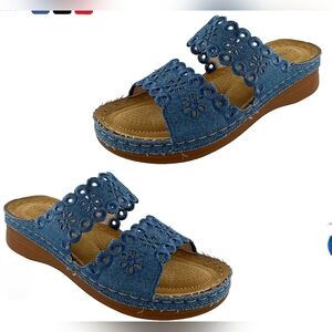 CHEROKEE Denim Blue Embroidered 2 Strap Wedge Sandals Size 8 NWT